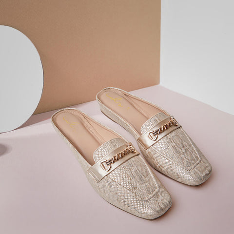 Glitter Buckles Mule - Beige